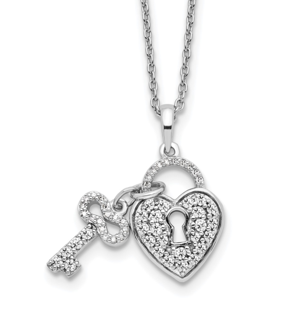 10K White Lab Grown VS/SI FGH Dia Heart Lock and Key Pendant Necklace